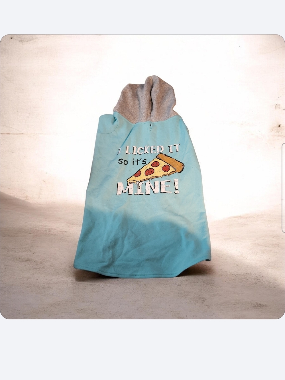 Light Blue Dog Hoodie with Pizza Graphic - I Licked It So It's Mine!